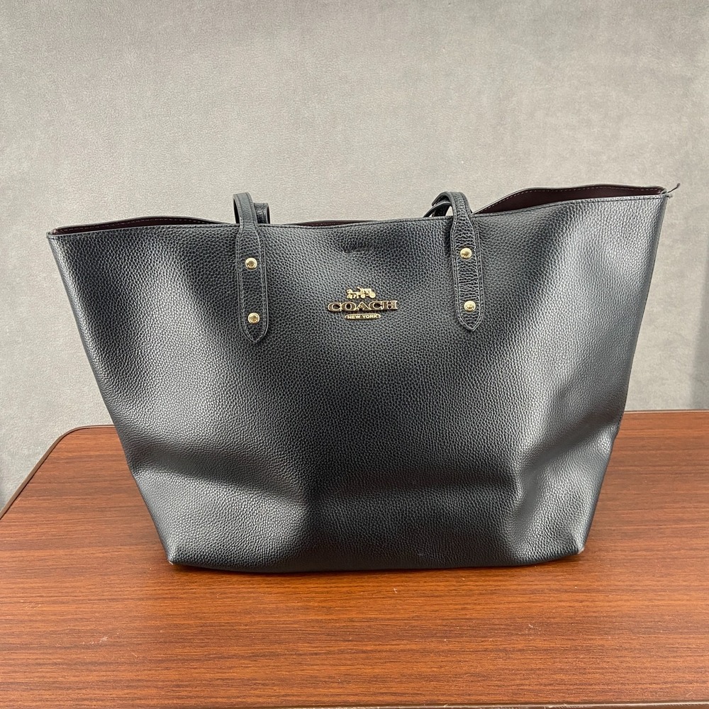 Coach Town Handbag Womens Black Pebbled Leather Double Shoulder Handle Tote Bag